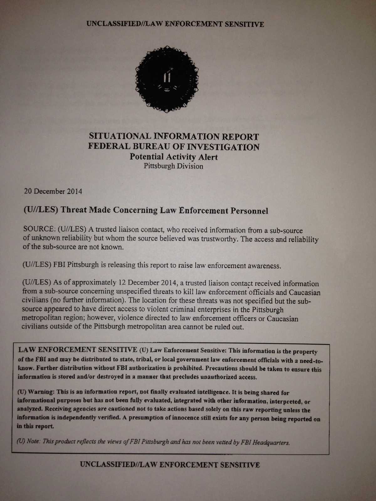 FBI memo mentions potential police threat in Pittsburgh