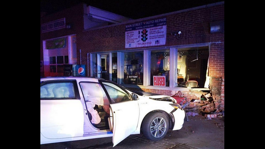Hanson Driver narrowly misses gas pumps, slams into auto repair