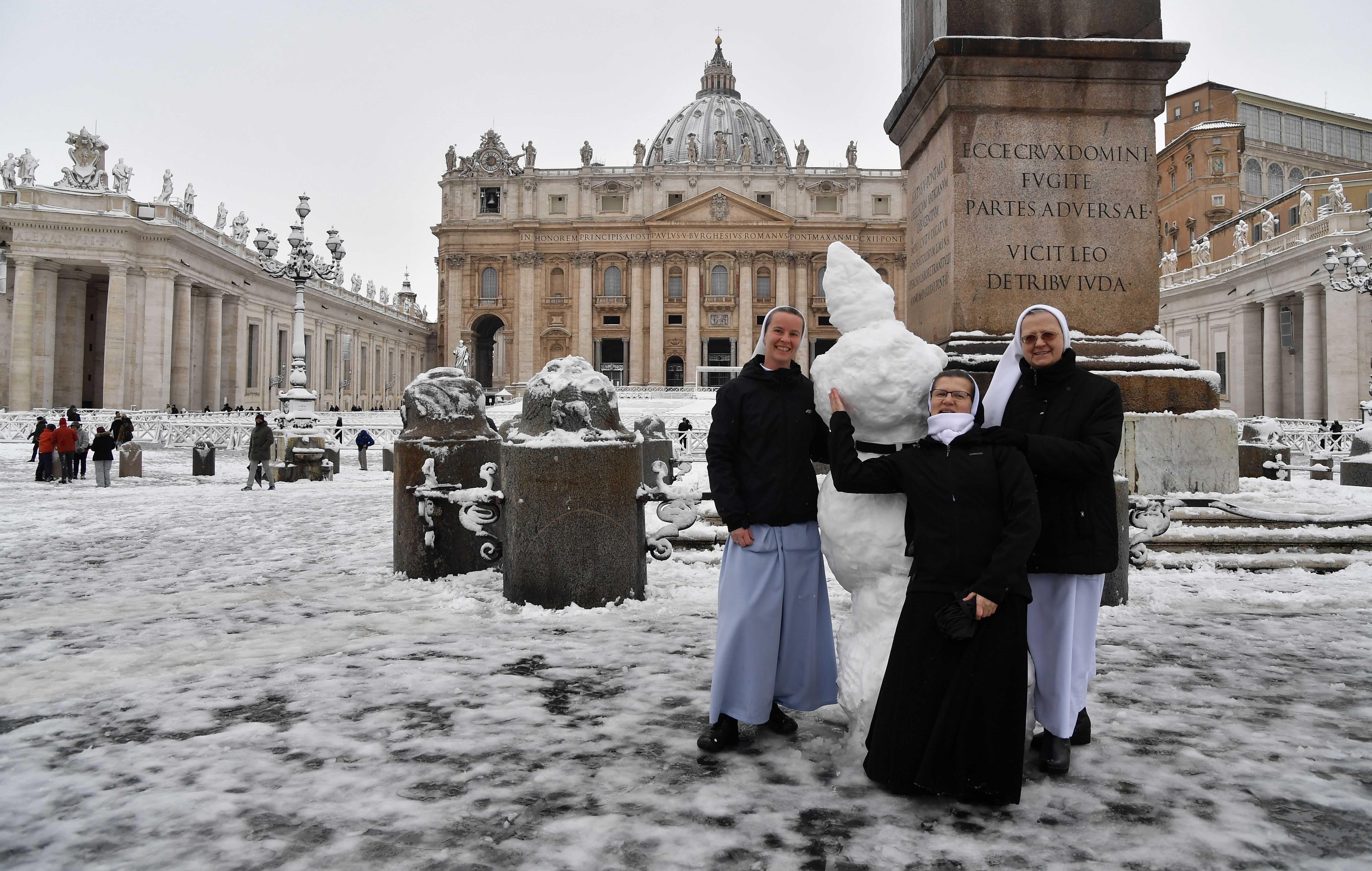 Nuns built a snowman during a rare winter storm in the Vatican