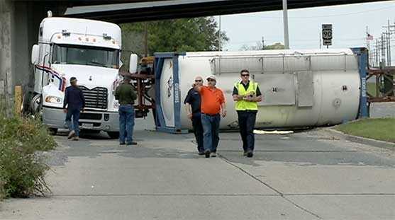 Tanker truck carrying corrosive chemical overturns at Chef Menteur Highway