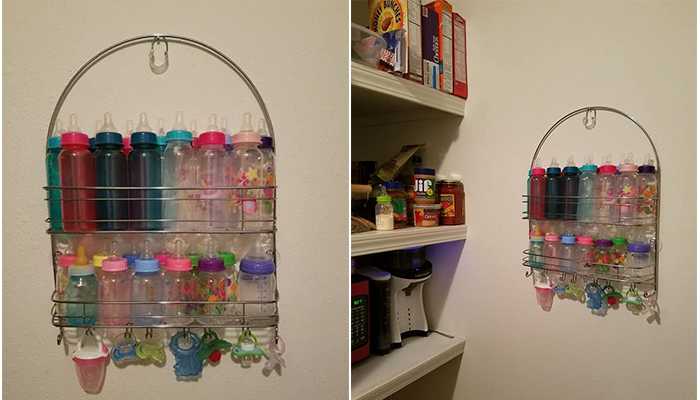 Mom uses a shower caddy to store bottles, becomes a parenting legend