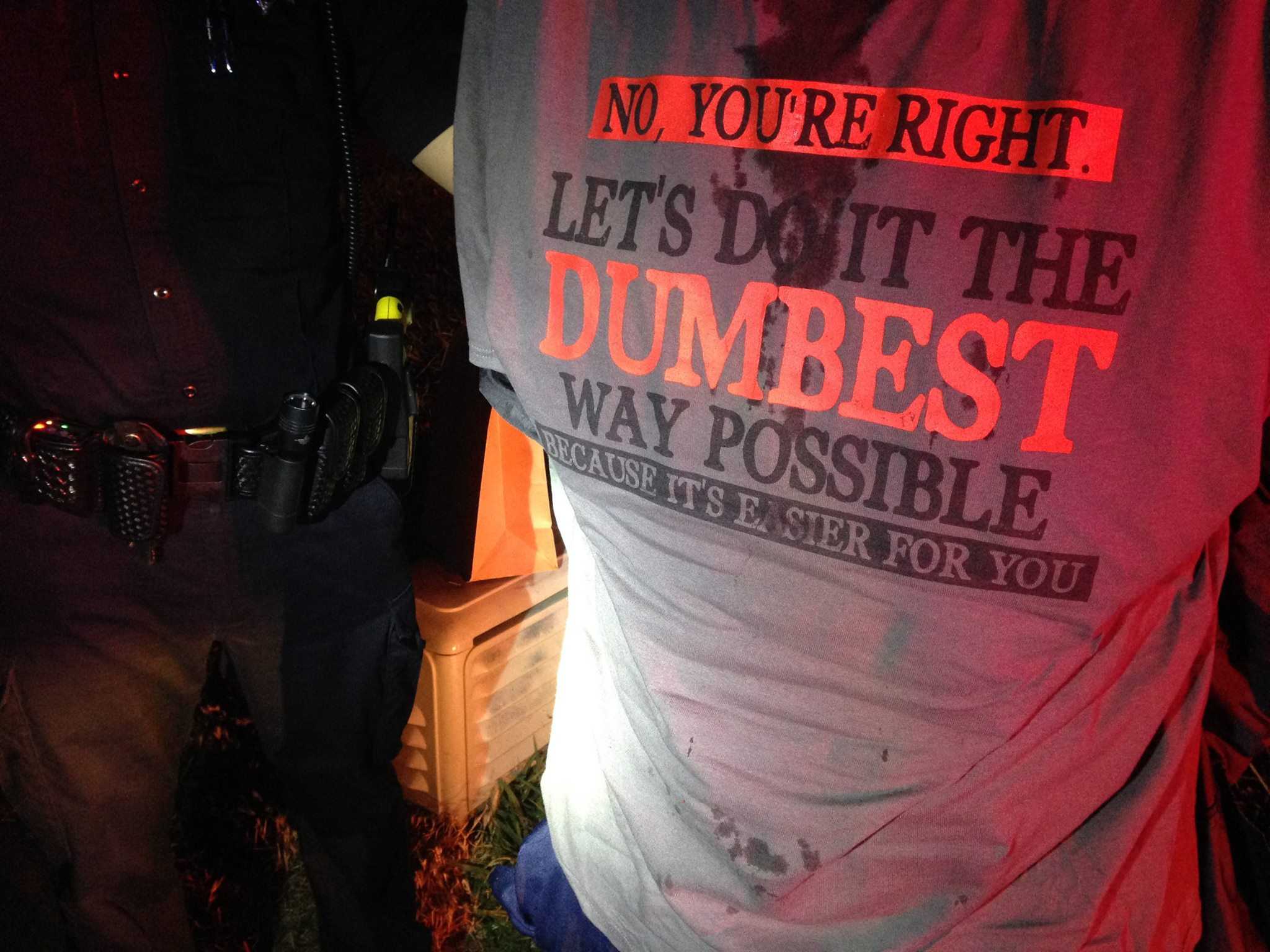This Woodland suspect's shirt says it all