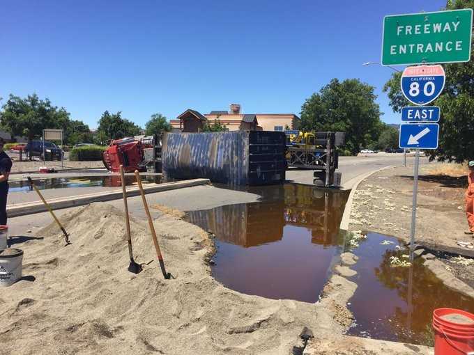 Big rip flips, spills fuel on I-80 offramp in Vacaville