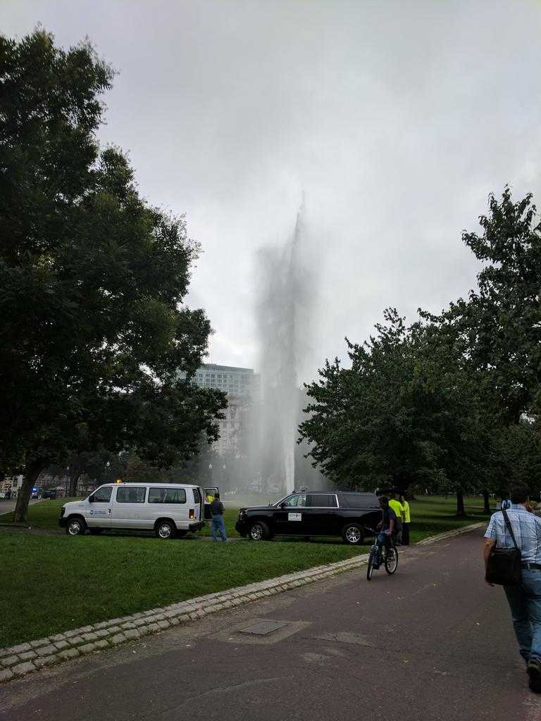 Geyser-like tower of water shoots into air, shocks bystanders