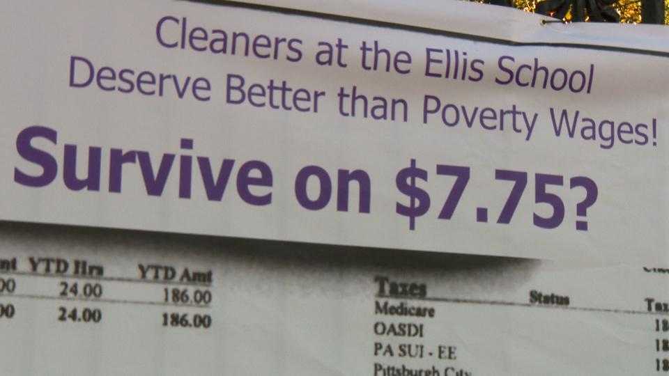 Protesters ask for higher wages for cleaners outside Ellis School fundraiser dinner