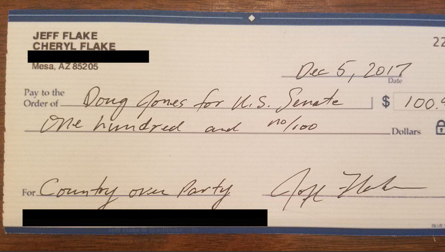 GOP Sen. Jeff Flake writes check to Democrat opposing Roy Moore