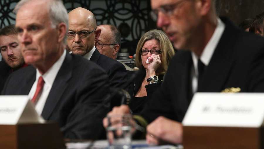 Mother Theresa Palmer (2nd R) of Interior Communications Electrician 3rd Class Logan Palmer, who was killed on USS John S. McCain, listens as U.S. Secretary of the Navy Richard Spencer (2nd L) and Chief of Naval Operations Adm. John Richardson (R) testify during a hearing before Senate Armed Services Committee September 19, 2017 on Capitol Hill in Washington, DC. The committee held a hearing following recent collisions of destroyers USS Fitzgerald and USS John S. McCain with commercial vessels that had claimed the lives of 17 sailors. (Photo by Alex Wong/Getty Images)