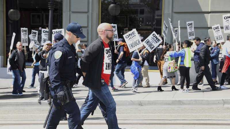 San Francisco supervisor Rafael Mandelman was arrested with hotel workers in front of the J. W. Marriott's Westin St. Francis hotel on Monday, Sept. 3, 2018, in San Francisco. 