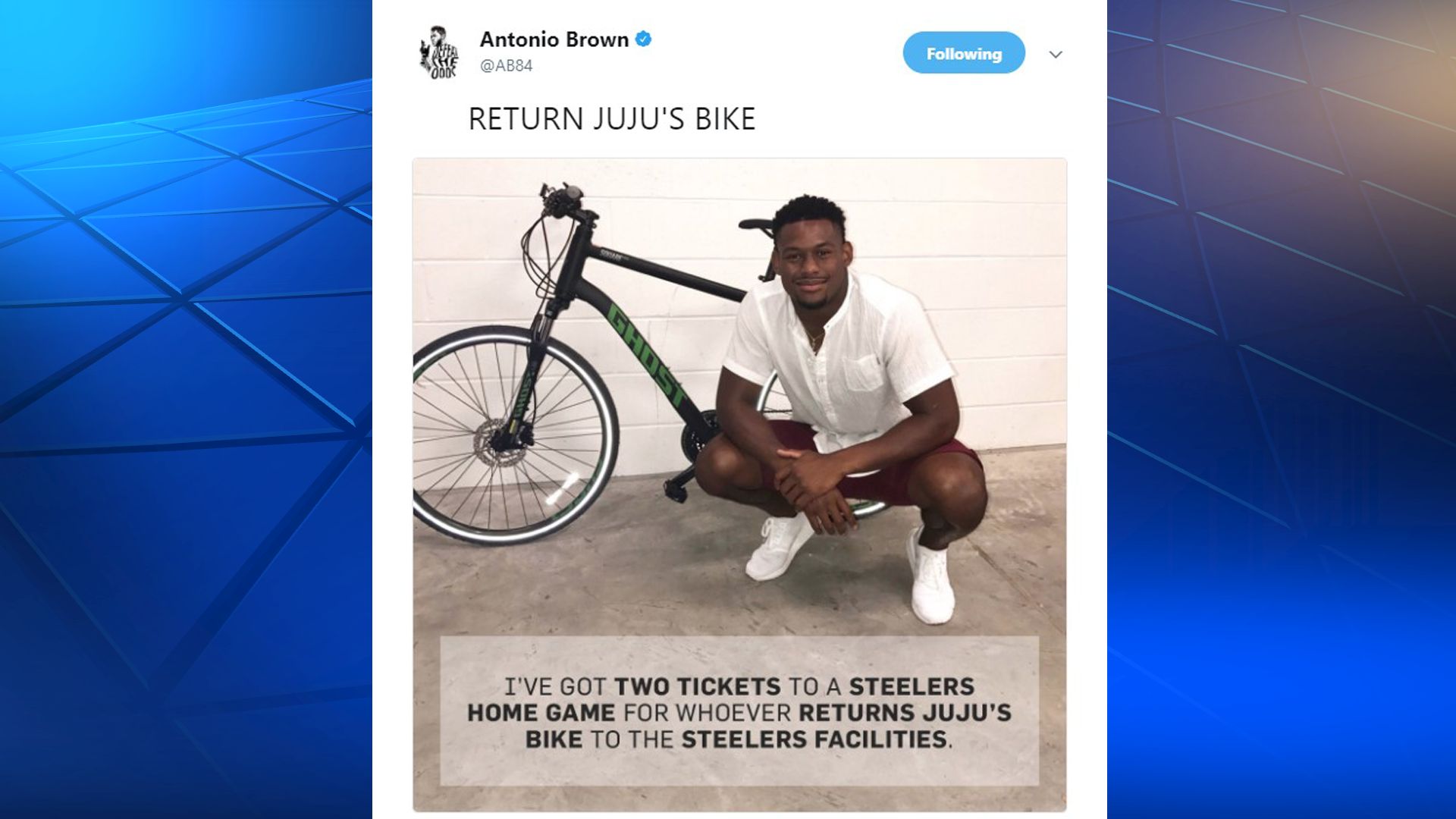 JuJu Smith-Schuster's bike stolen, Antonio Brown offering Steelers tickets to whoever returns it