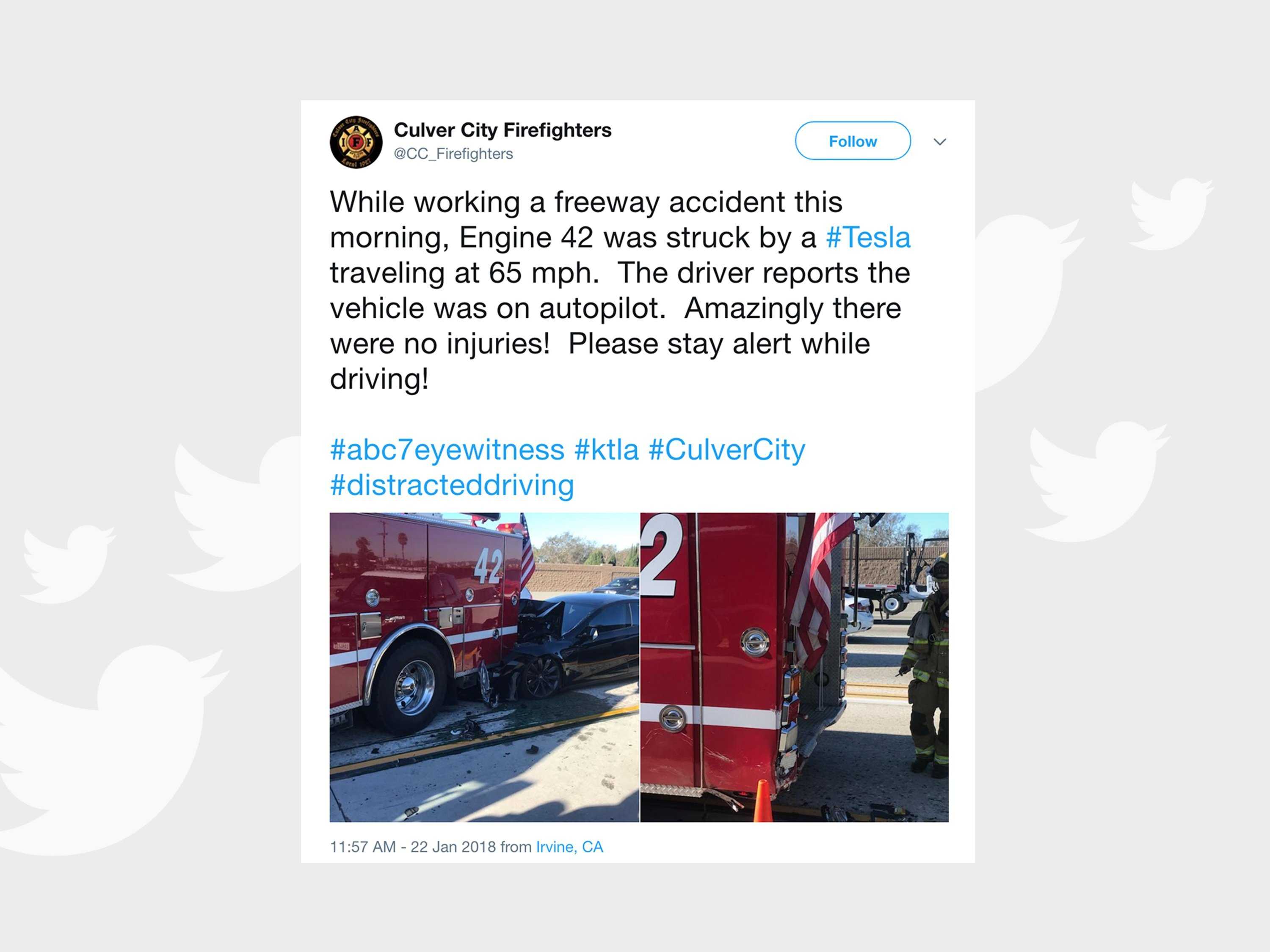 Tesla in Autopilot mode crashes into fire truck