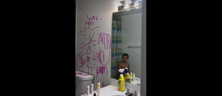 Video: Toddler blames 'monster' for paint on bathroom wall