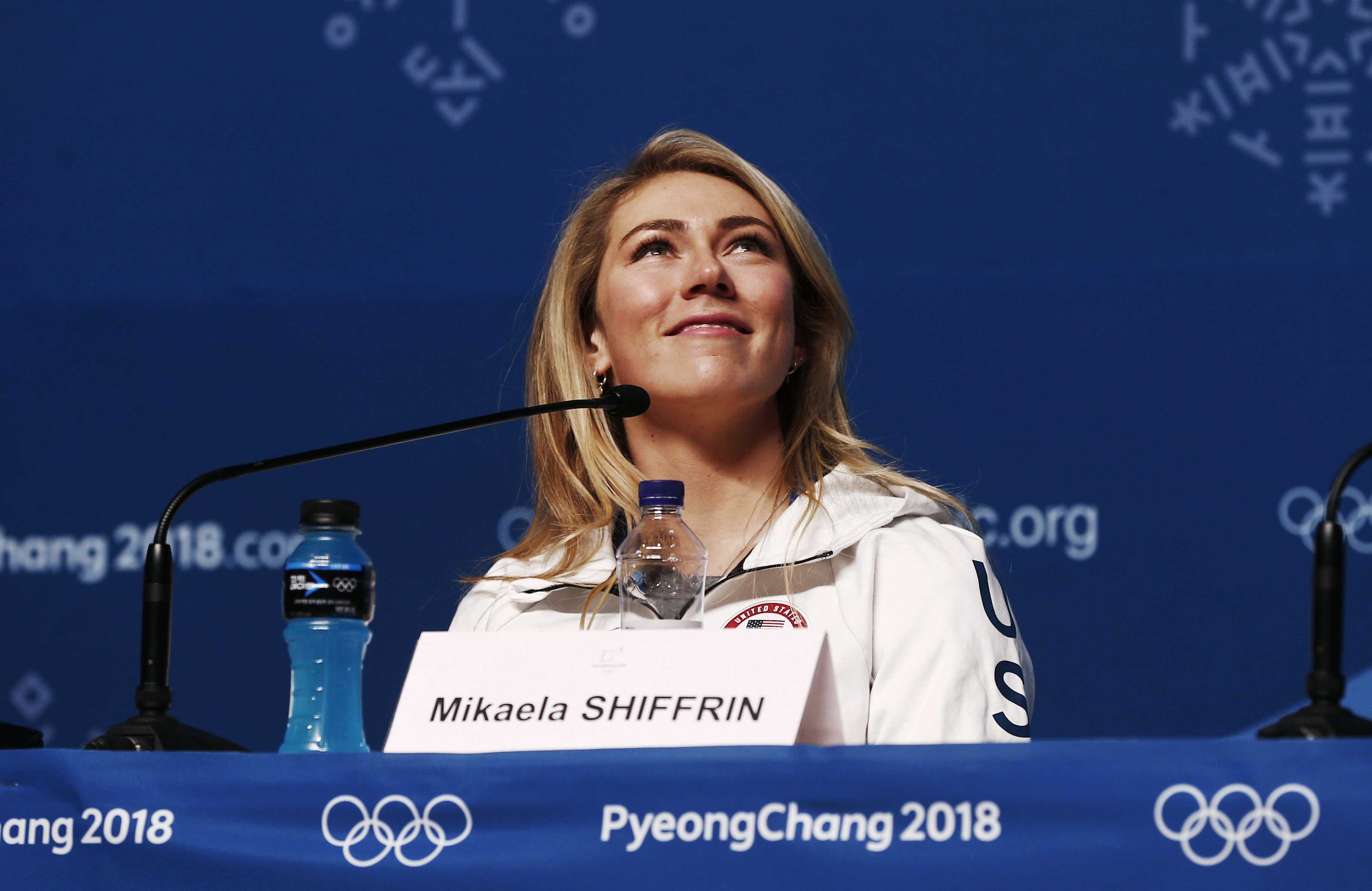 Alpine skier Mikaela Shiffrin of the United States speaks during a news conference at the 2018 Winter Olympics in Pyeongchang South Korea Saturday Feb. 10 2018