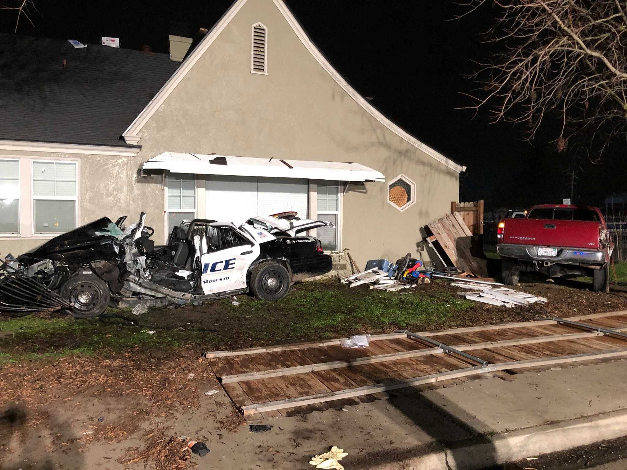 Modesto officer hurt, vehicle mangled in pursuit, crash