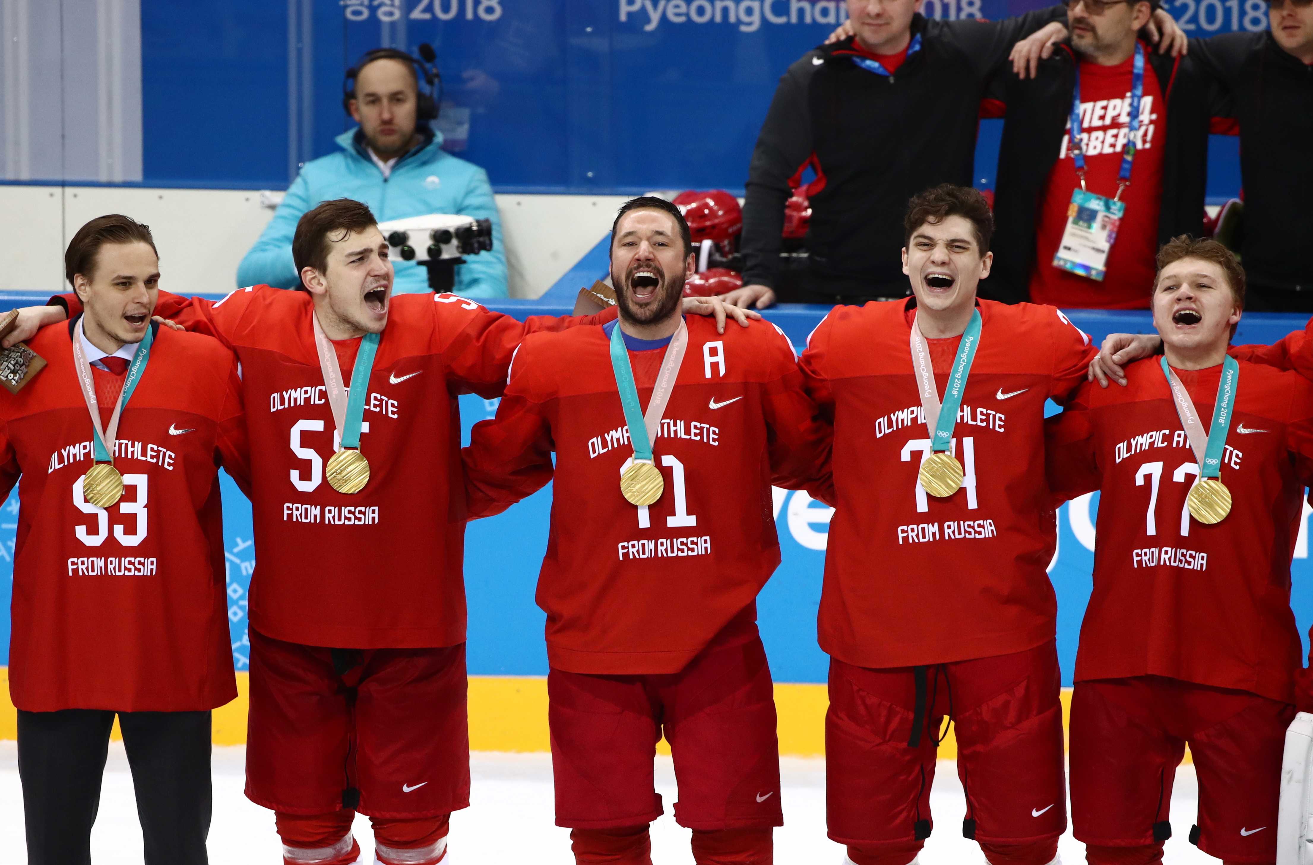 Russians win men's ice hockey gold -- then sing Russian national anthem