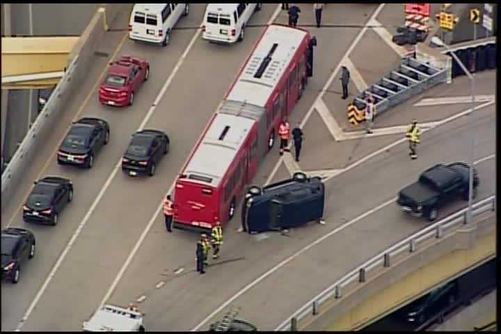 One person hospitalized after car, Port Authority bus collided on Fort Pitt Bridge