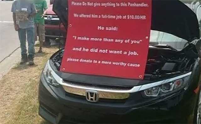 Car dealership offers job to panhandler who rejects job; sign war ensues