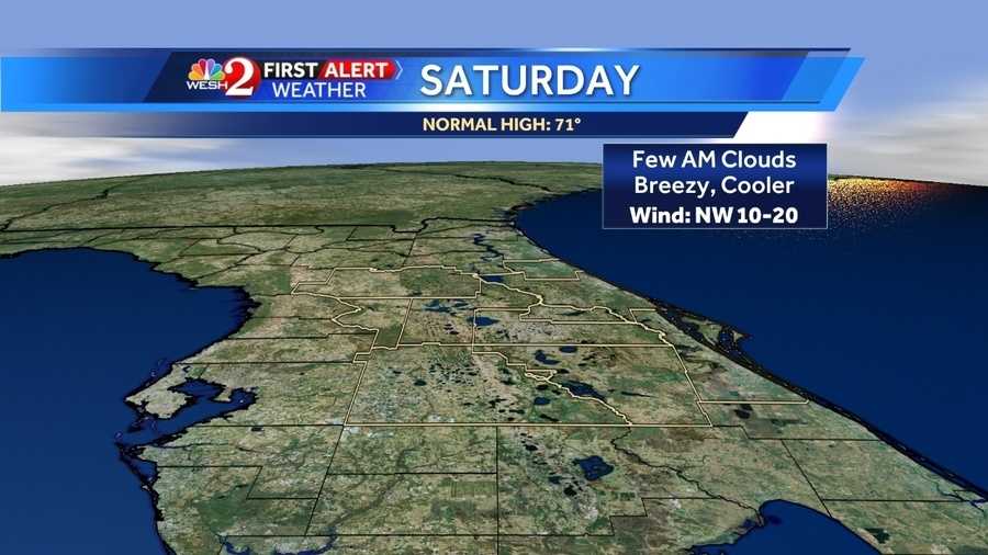 Morning clouds, breezy and cool Saturday