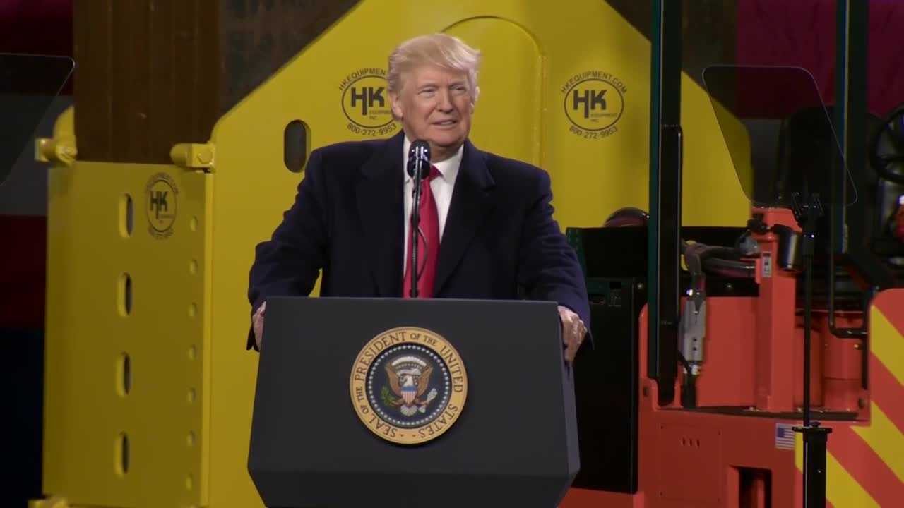 President Trump appearing at campaign rally in Ambridge on Feb. 21