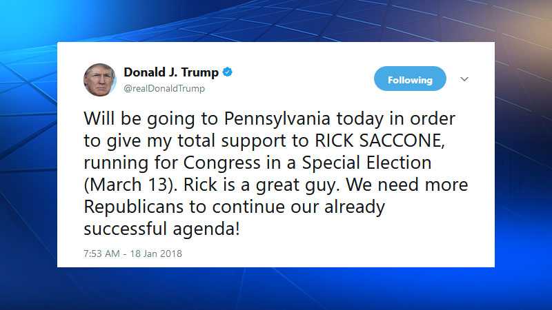 Trump to visit Pittsburgh Thursday, says he'll give 'total support' to Saccone