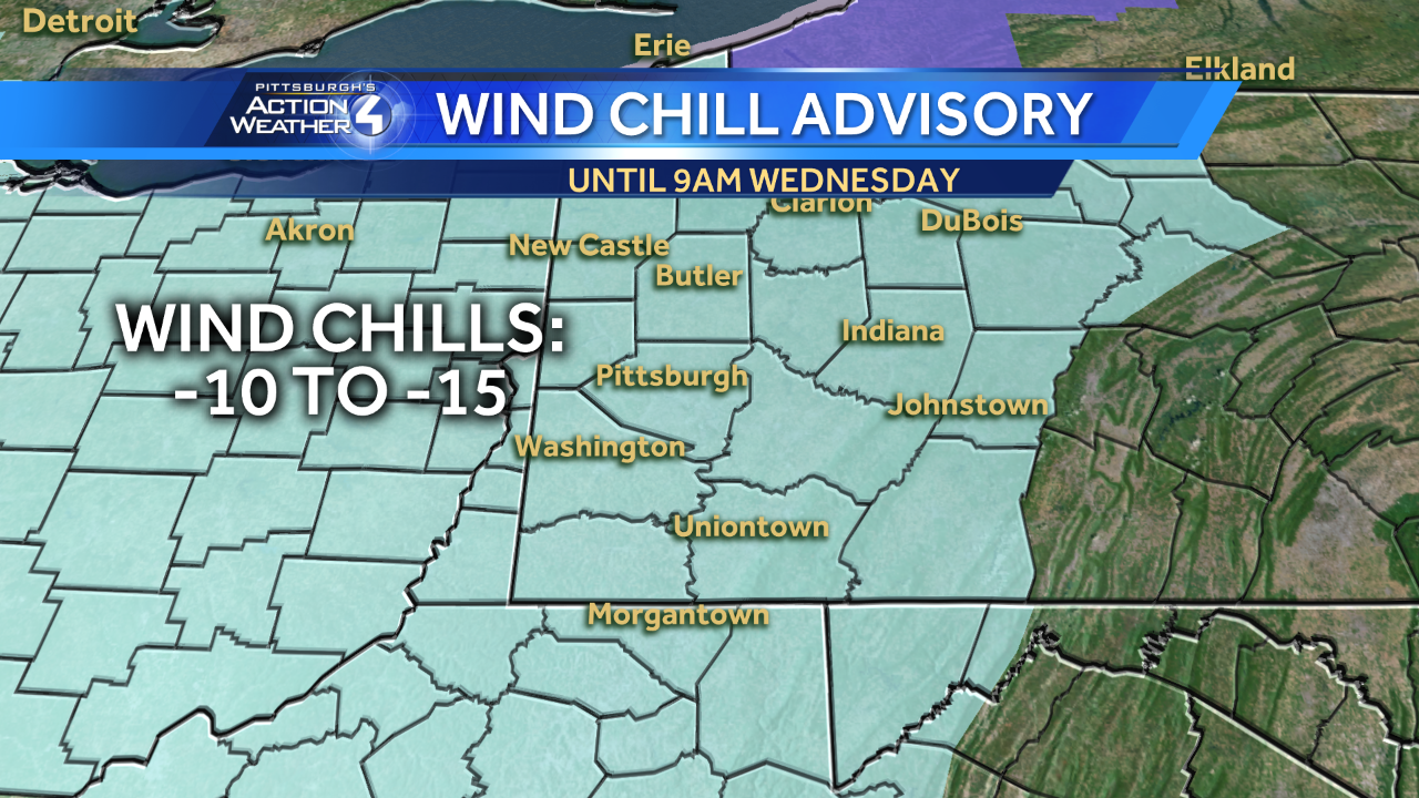 Wind chill advisory in effect until 12 p.m. Wednesday
