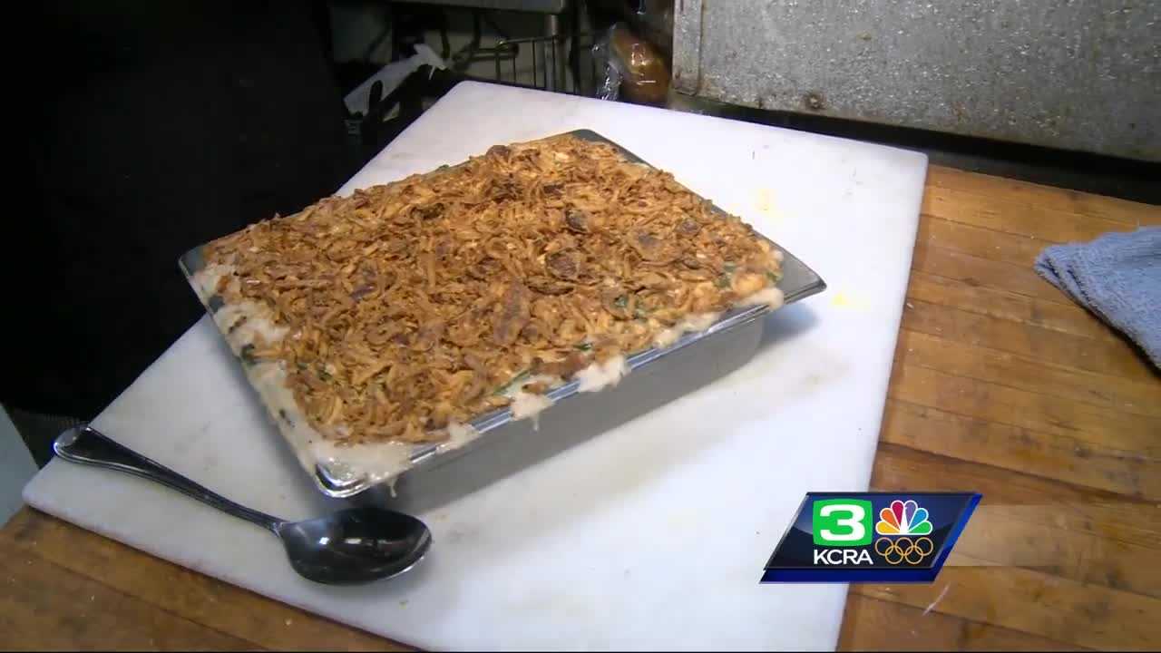 Thanksgiving Feast: Green bean casserole with crispy onions