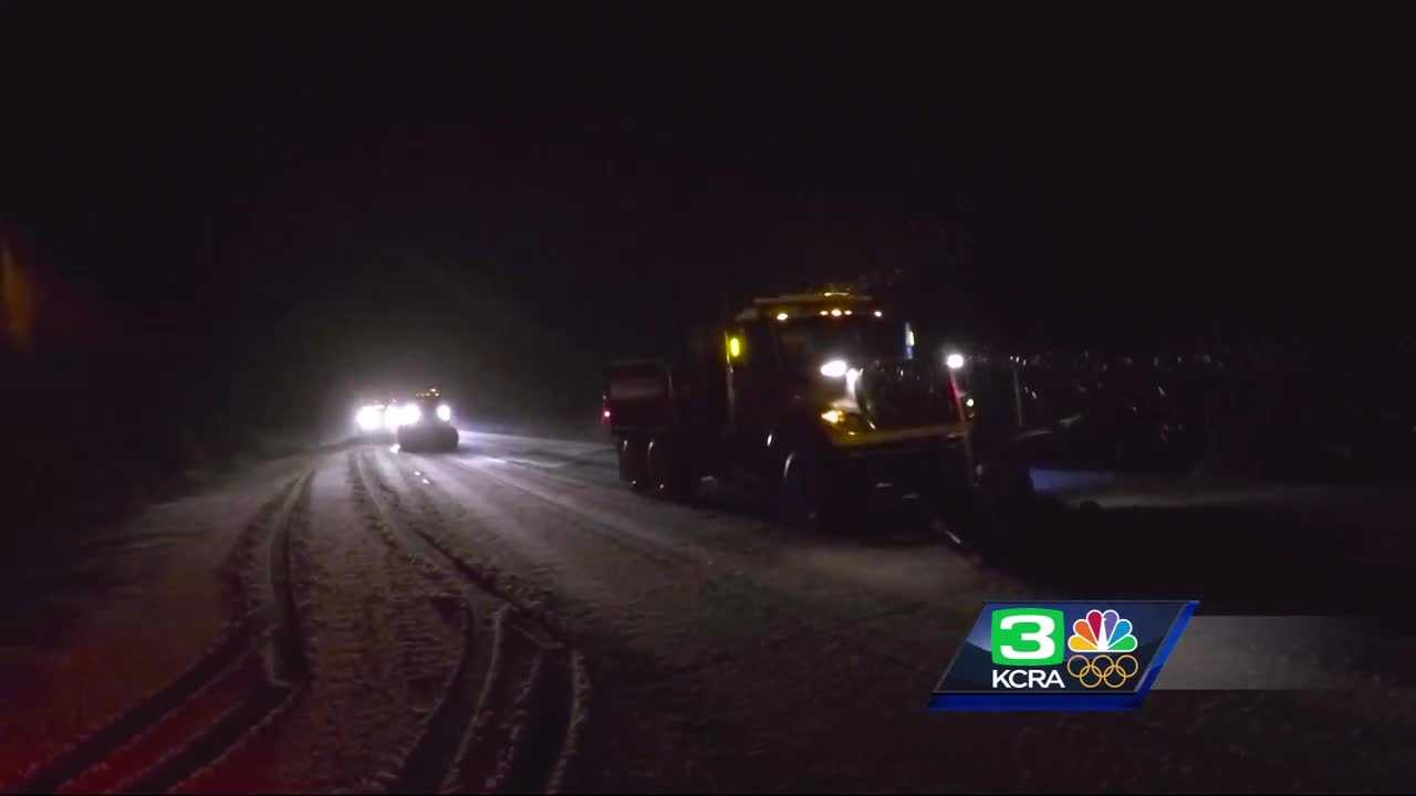 Snow flurries in the Sierra slow traffic