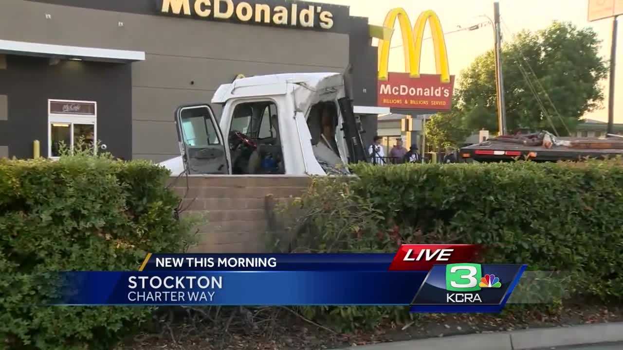Big rig crashes into Stockton McDonald's parking lot